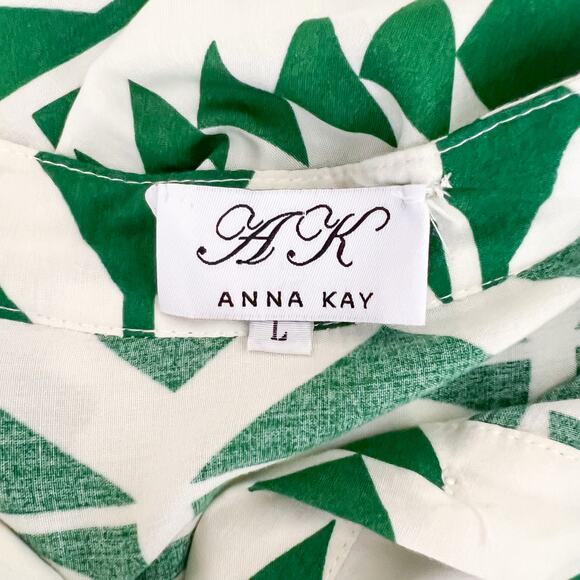 Anna Kay | Geometric White Green Bell Sleeve Flowy Short Designer Summer Dress L - Picture 10 of 12